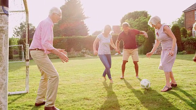 三代人在花园里踢足球视频素材