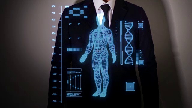 人类利用创新技术，以人体全息界面和DNA螺旋图。视频素材