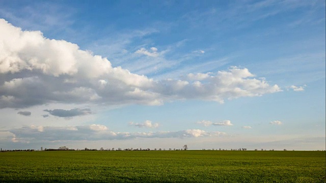 绿色的春天田野与蓝色的天空-时间流逝视频素材