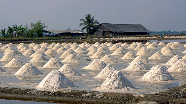 泰国盐场准备收获的海盐堆。视频素材