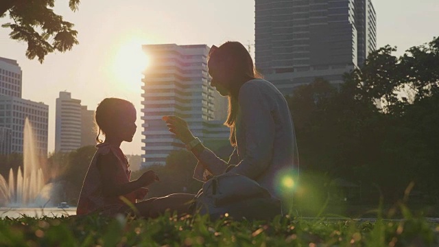 一家人在公园里玩，湖和摩天大楼为背景视频素材