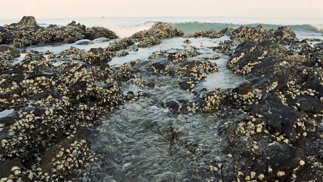 强烈的波浪冲击着岩石。视频素材