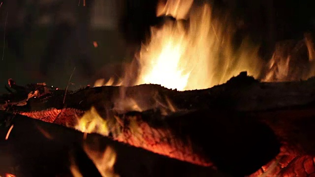木头在晚上燃烧。火营党视频素材