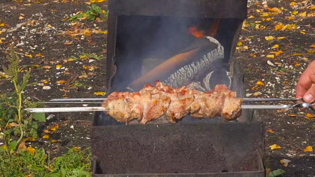 猪肉块被炸在木炭烧烤烧烤美味的烤肉在烧烤上。烧烤聚会。视频下载