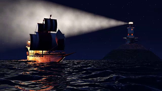 一艘旧木船在夜晚航行靠近灯塔的3D动画视频素材