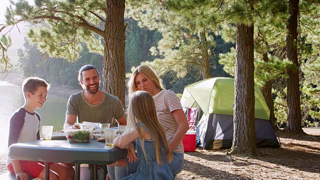 一家人在森林里冒险，在湖边露营时野餐视频购买