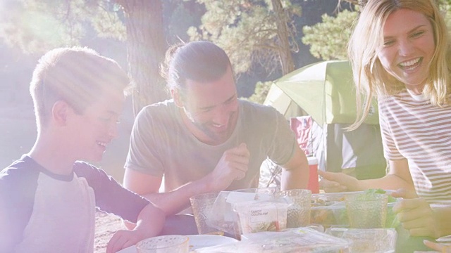 一家人在森林里冒险，在湖边露营时野餐视频素材