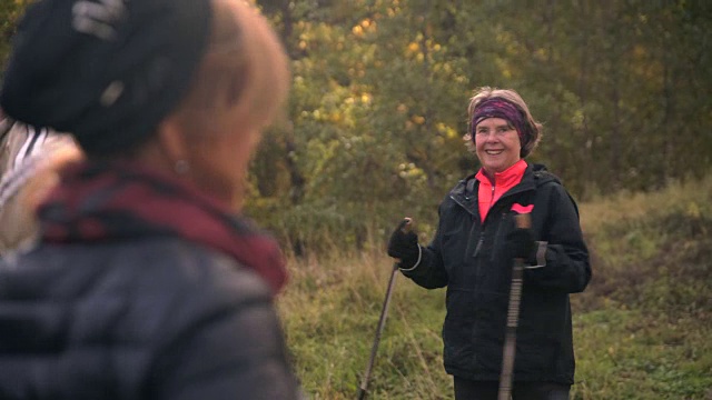手持拍摄的女性资深朋友锻炼与北欧手杖，而站在球场上视频素材