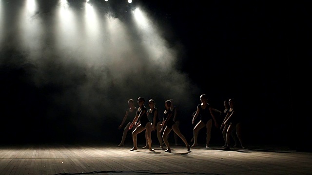 一群年轻的芭蕾舞女演员在舞台上跳舞。视频素材