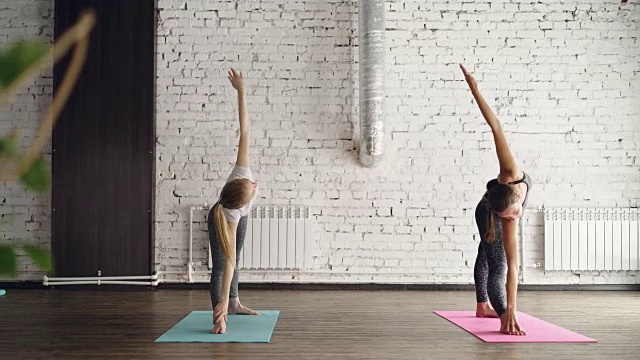 经验丰富的瑜伽老师正在向年轻的金发学生展示伸展的三角姿势，并在个人练习中纠正她的身体位置。视频素材