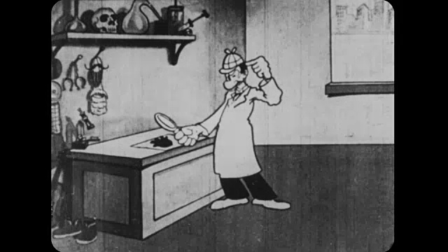 1926年，侦探Mutt通过放大镜看手印，手印打在他的脸上视频下载