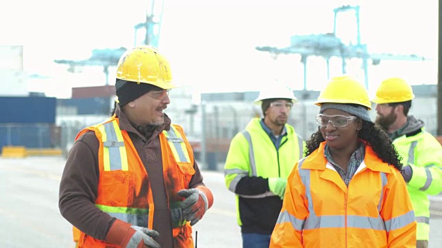 五个工人在港口聊天视频素材