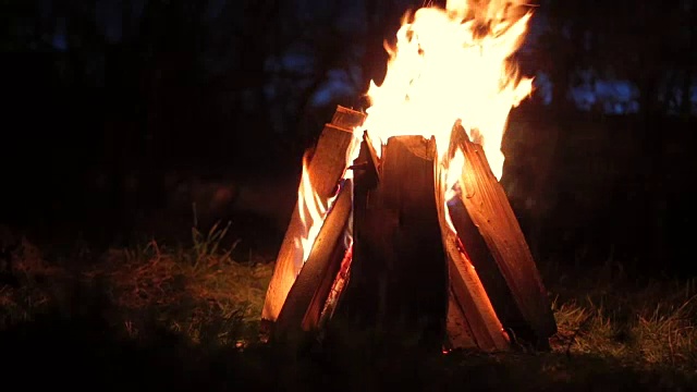 篝火在夜晚燃烧，篝火在漆黑的秋夜温暖视频素材