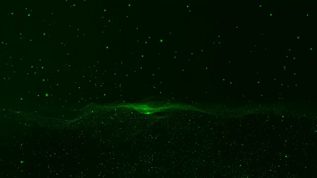 黑色的深绿色背景是移动与微小的绿色球像粒子。水花飞溅，像波浪穿过波浪。视频下载