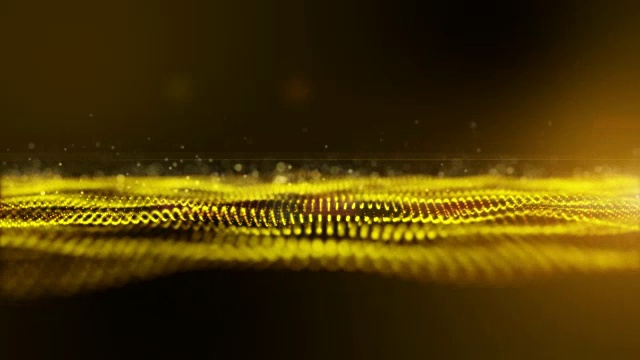 动画背景暗黄色或金色背景黄色线显示扭曲波的扭曲运动。这些粒子在循环地向上漂浮，循环地循环，直到无穷无尽。视频下载