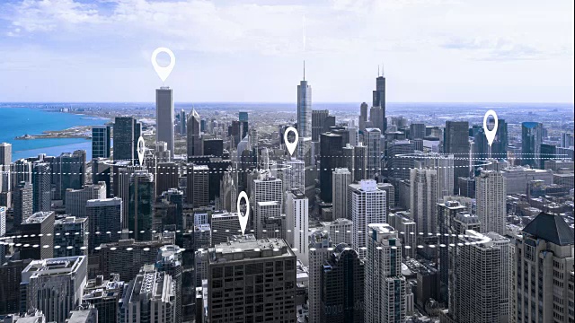 4k分辨率网络连接概念与引脚图标城市景观视频素材