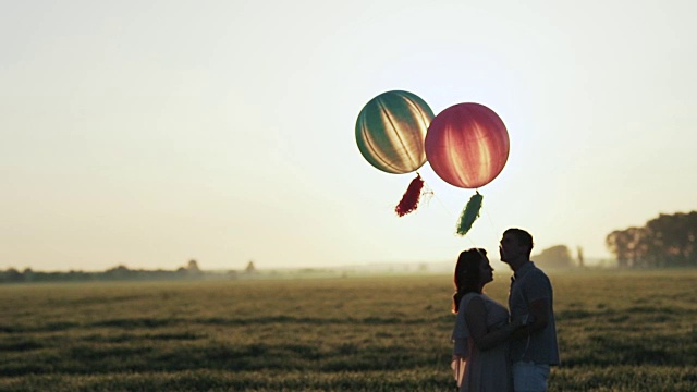 一对夫妇带着氦气球在日落时手牵着手走进田野视频素材