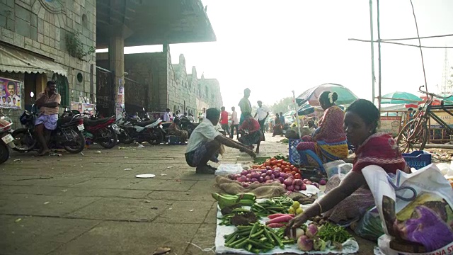 印度金奈市场外推车拍摄。鲜花市场视频下载