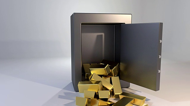 保险柜打开时溅出金条黄金价值赢得4K视频素材