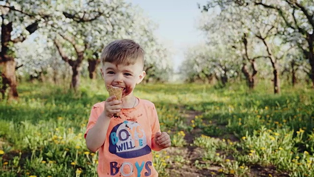 小男孩在春天舔着蛋筒里的冰淇淋视频素材