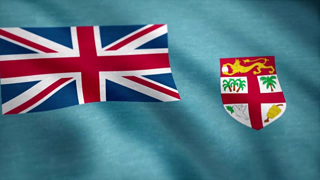 斐济旗在慢动作经典旗平稳地吹在风在一个刮风的日子升起的太阳。斐济国旗挥舞动画视频下载