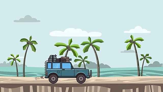 带着行李箱的动感SUV在海滩上行驶。越野车行驶，海景，侧视图。平面动画。视频下载