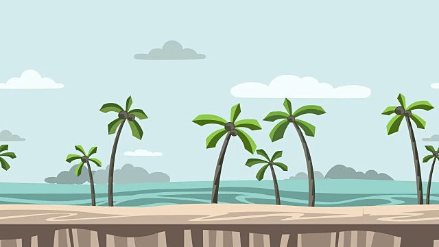 动画背景。沙滩上有棕榈树和岩石。移动的海景。平面动画,视差。镜头。视频下载