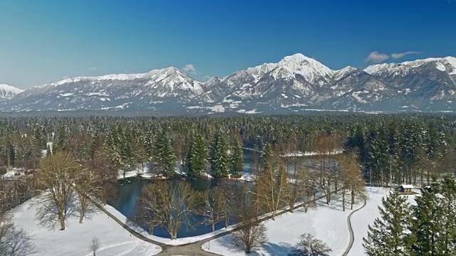 空中湖在一个晴朗的日子里，在雪山下面的森林中央视频下载