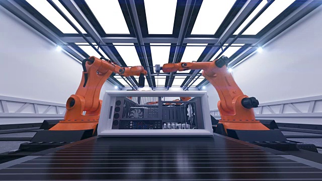 在传送带上组装电脑机箱的美丽机械臂。未来的高级自动化过程。3d动画。商业、工业和技术概念。视频下载