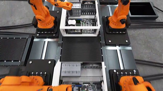 在传送带上组装电脑机箱的机械臂。现代先进自动化过程。美丽的3 d动画。商业、工业和技术概念。视频下载