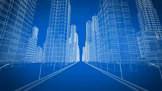 美丽的现代城市通过数字3d蓝图。施工与技术概念。蓝色3d动画循环。视频素材