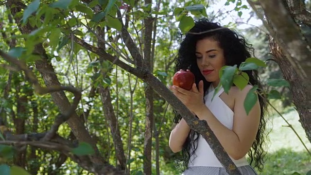 树旁站着一个漂亮的黑头发的红苹果视频下载