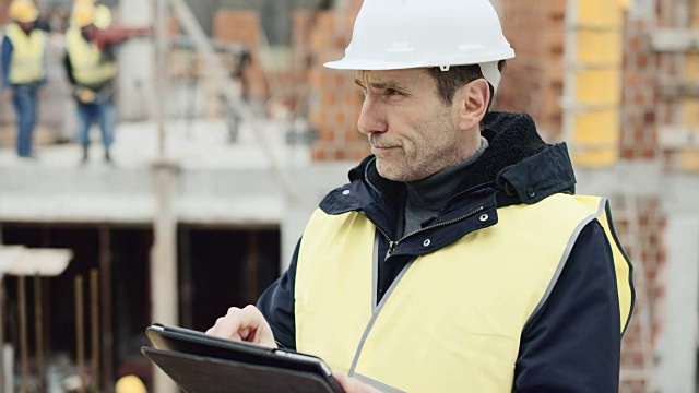 男建筑师站在建筑工地，检查数字平板电脑上的平面图视频素材