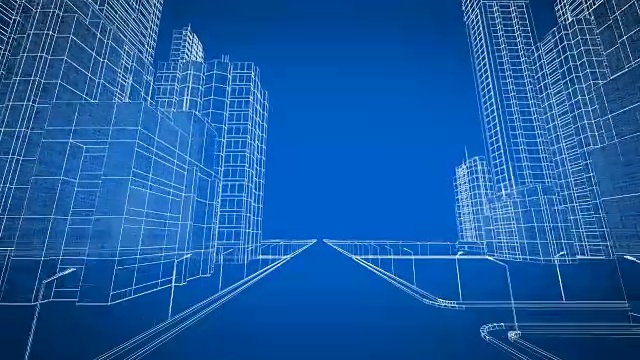 数字3d蓝图中的美丽现代城市成长过程。施工与技术概念。蓝色3d动画循环。视频素材