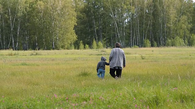 奶奶和孙子在乡下散步视频素材