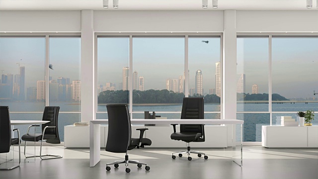 空荡荡的现代办公室，岛屿和大都市，大窗户外是摩天大楼。背景板，色度键视频背景视频下载