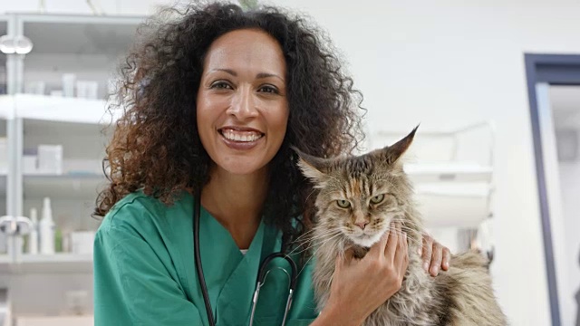 一位女兽医对着镜头微笑，抚摸着办公室检查台上的一只缅因猫视频下载