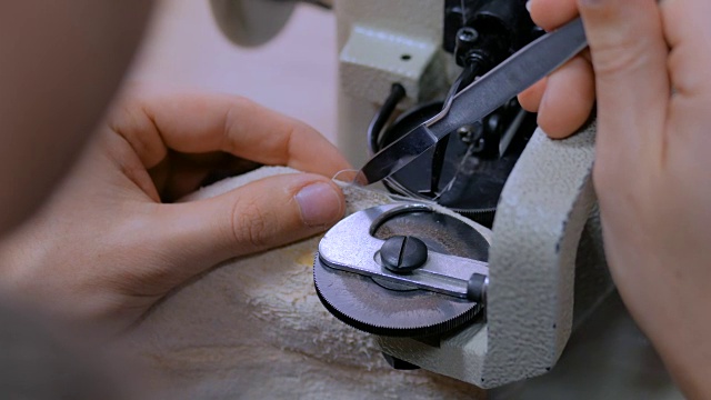 斯金纳在工作室使用缝纫机缝制毛皮视频下载