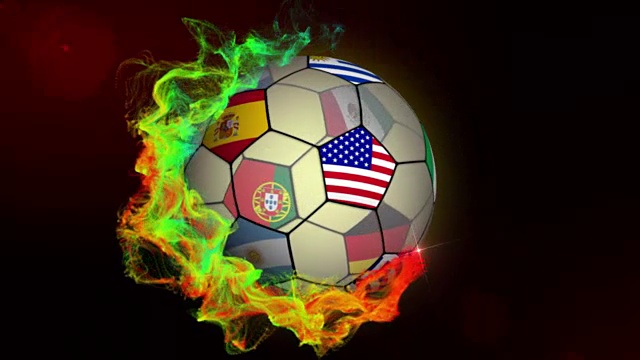 世界旗帜足球在红色抽象粒子环，动画，背景，循环视频下载