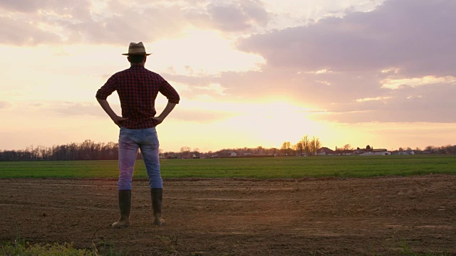 农民站在田园诗，农村犁地日落，实时视频素材
