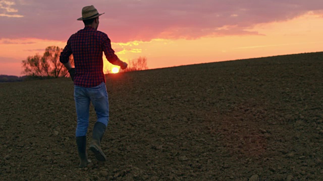 日落时分，农民在田园诗般的乡村耕地上播撒、播种，画面缓慢视频素材
