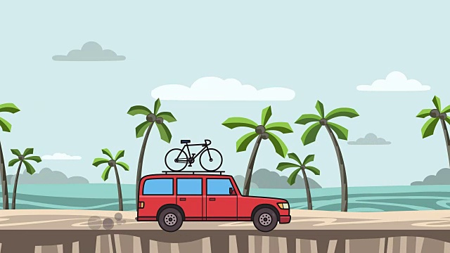 活泼的红色越野车与自行车在车顶后备箱上骑在海滩上。移动的小货车，海景的侧视图。平面动画。孤立在白色背景上。视频下载