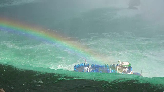 加拿大，尼亚加拉大瀑布:游客的船靠近马蹄瀑布的瀑布，水面上出现了彩虹视频素材