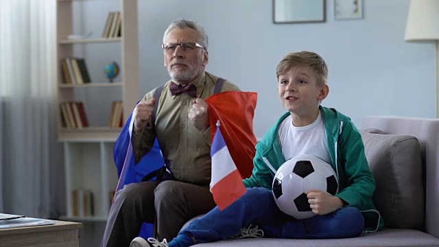 爷爷和孙子一起挥舞法国国旗，在家看足球视频素材