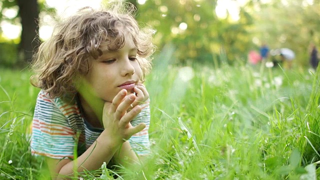 一个严肃的孩子躺在夏日的草地上，手里拿着一朵花。一个卷发男孩吹着蒲公英。孩子的一天。快乐的暑假视频下载
