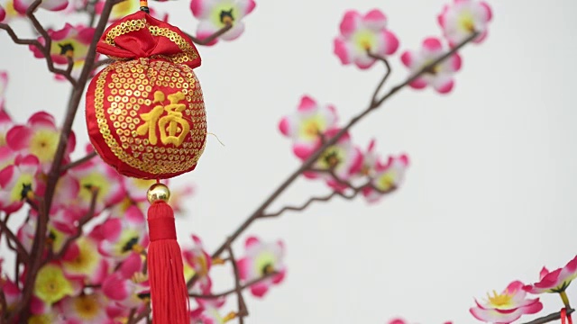 传统的中国新年装饰树上的花视频素材