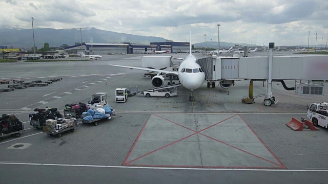 机场工作人员在飞机传送带上携带行李。工作人员将行李装上客机。慢动作视频素材