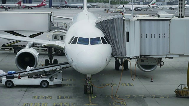 机场工作人员在飞机传送带上携带行李。工作人员将行李装上客机。慢镜头，特写视频素材