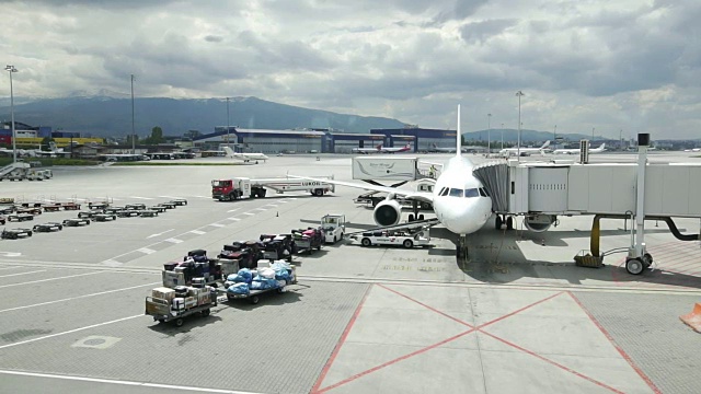 机场工作人员在飞机传送带上携带行李。工作人员将行李装上客机。慢动作视频素材