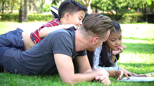 亚洲爸爸和妈妈在公园里读故事书视频素材